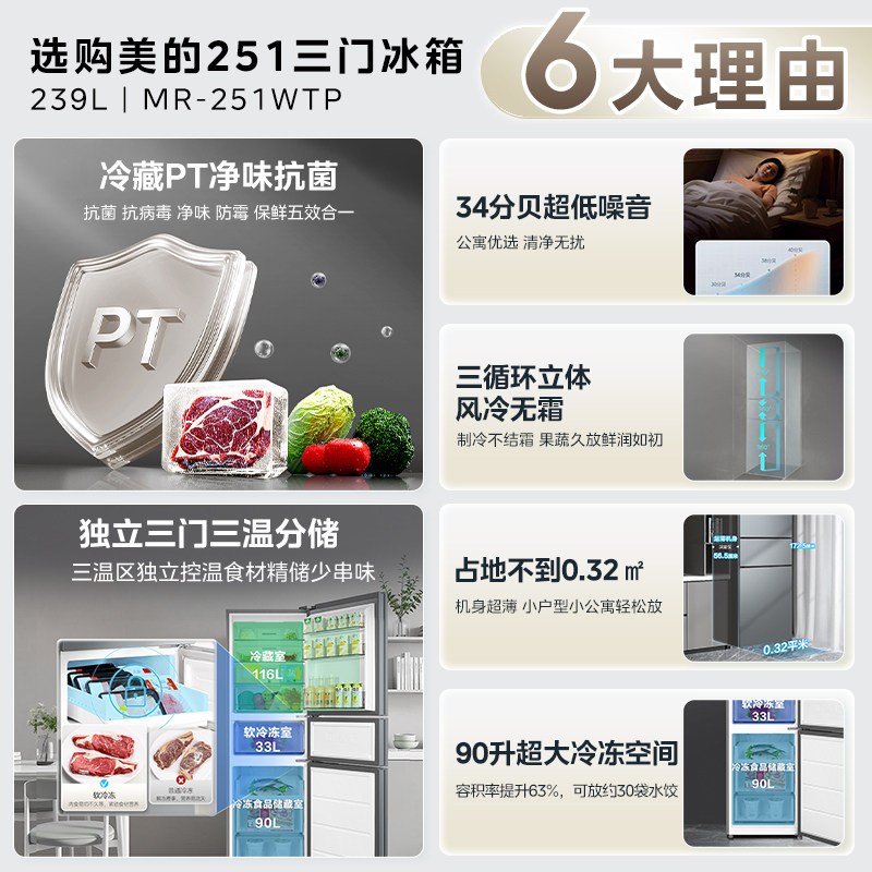 [官方正品]美的冰箱钛钢灰三门变频低音节能省电小冰箱MR-251WTP 239升容量电脑控温侧开独立式小户型家电以旧换新高清大图