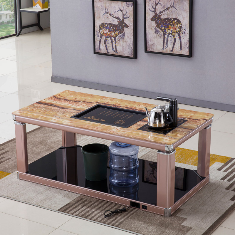 本兰新中式多功能升降茶几铝合金功夫茶几茶艺钢化玻璃仿大理石纹理