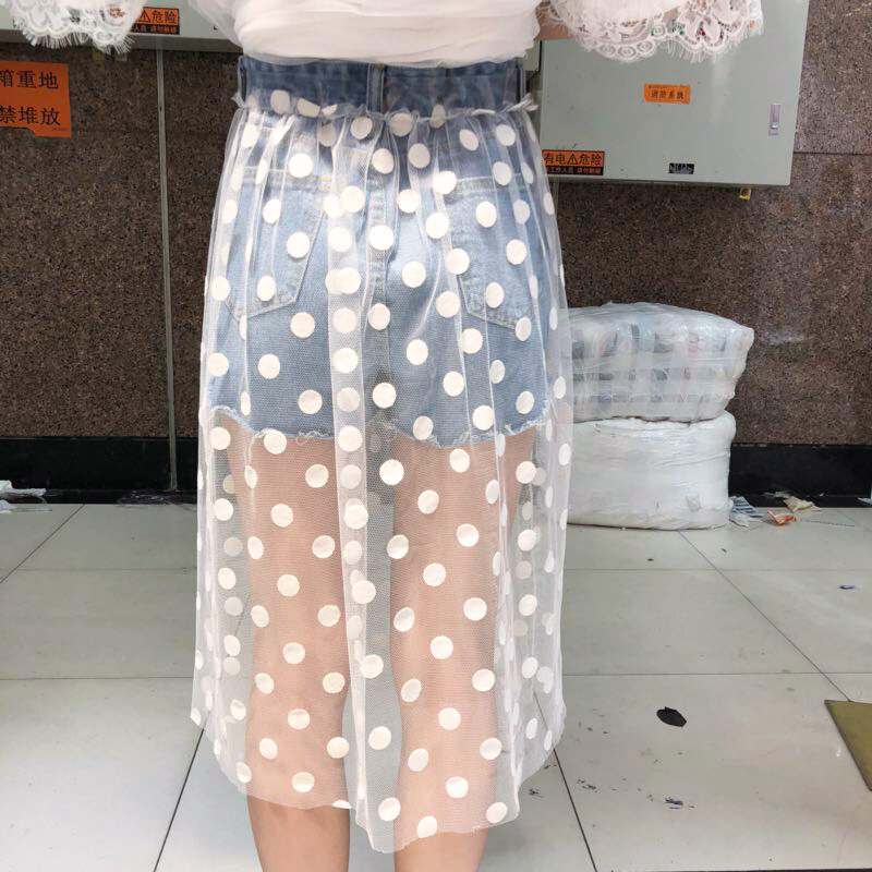 特惠2018夏季波点网纱拼接绣花牛仔短裤女韩版个性chic阔腿热裤子蓝色