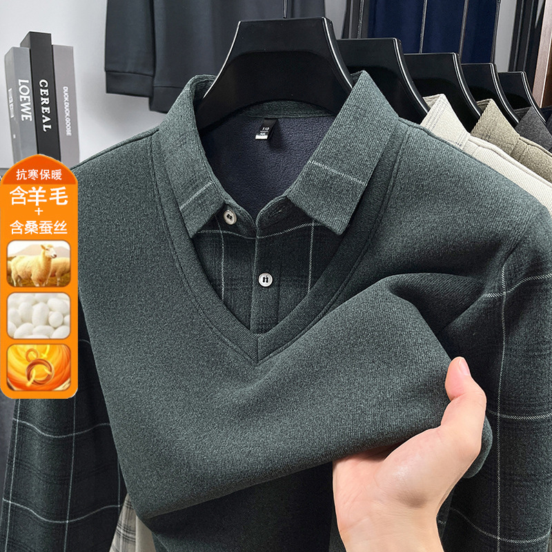 冬季含羊毛蚕丝男士假两件加绒加厚保暖衬衫领印花打底针织衫男_300814高清大图