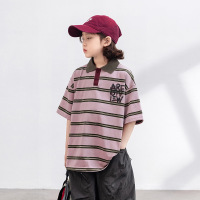 男童时尚polo衫夏季短袖2025新款中大童男孩上衣t儿童夏装条纹T恤 130cm 粉色