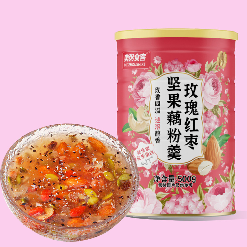 美粥玫瑰红枣坚果藕粉羹500g/罐 玫瑰藕粉速溶藕粉早餐冲饮高清大图