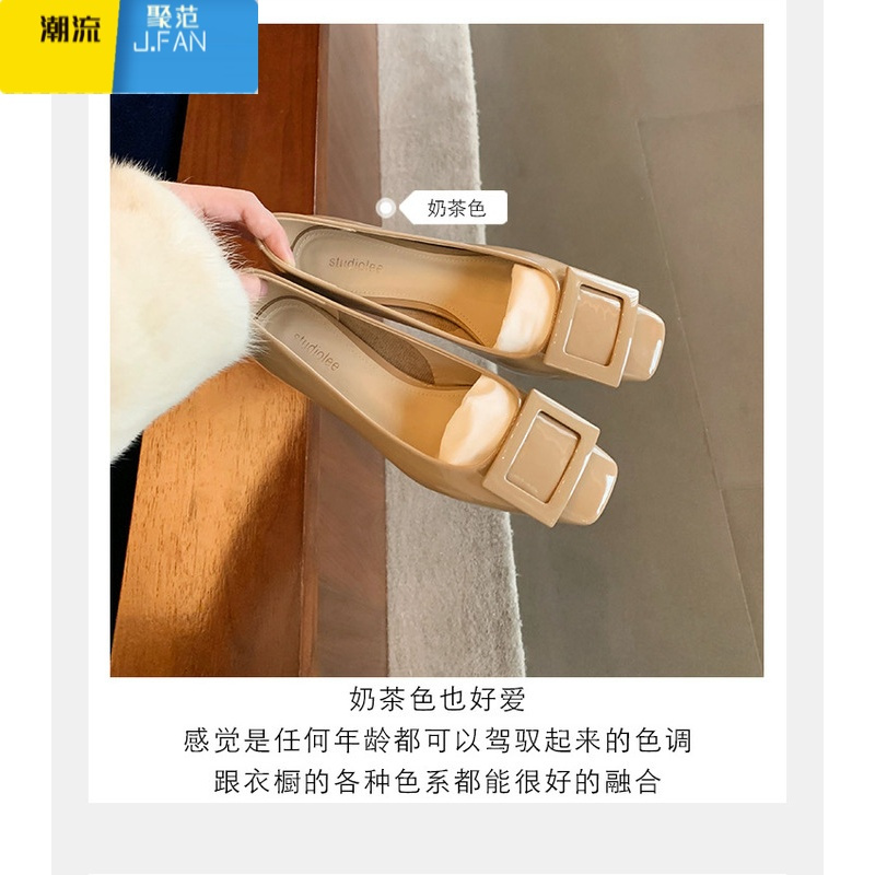 聚范皮版~法式方扣粗跟单鞋女2024新款百搭气质方头漆皮高跟鞋