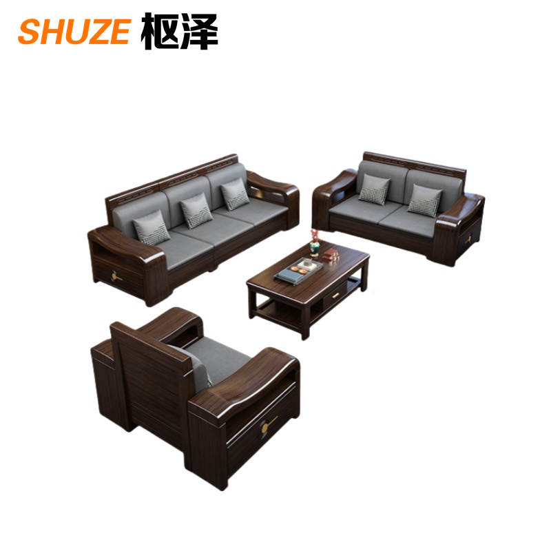 枢泽 新中式沙发 实木沙发 1+2+3+茶几 套高清大图