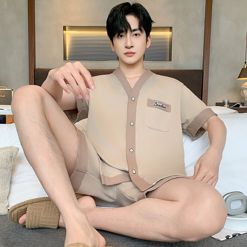 新款大码开衫男士睡衣V领短袖短裤薄款秋夏可外出休闲透气家居服高清大图