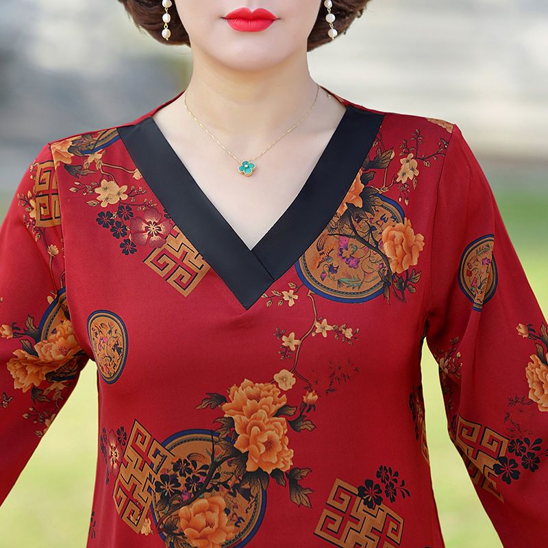 妈妈装长袖连衣裙洋气妇女长裙中老年女装春装裙子中长款遮肚显瘦 广赫