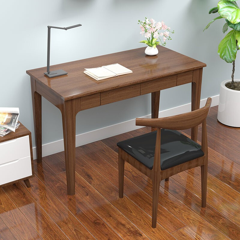 绵冠(MIANGUAN)实木书桌现代简约电脑桌椅学生写字桌办公桌北欧原木 书桌+牛角椅 1.4米（胡桃色）