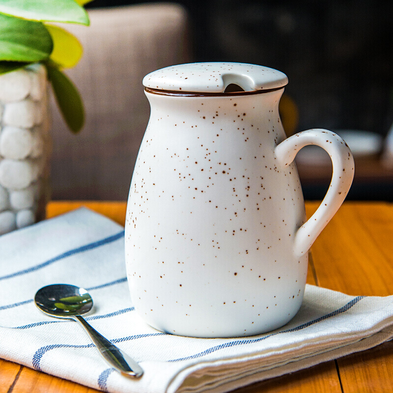 亿嘉IJARL 简约复古牛奶杯情侣马克杯咖啡杯带盖带勺早餐杯办公杯水杯子 满天星