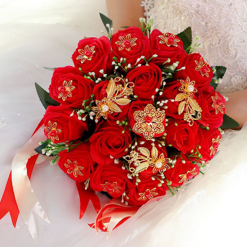 花束仿真玫瑰花结婚用品大全女方手捧花仿真花束新娘手捧花pe小号红色