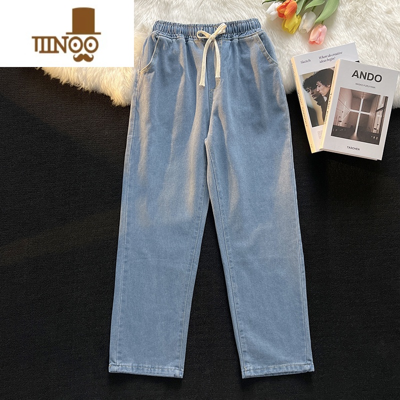 YANXU日系松紧腰牛仔裤男夏季薄款直筒宽松潮牌高街阔腿裤休闲U腿 3XL 003-1中蓝色