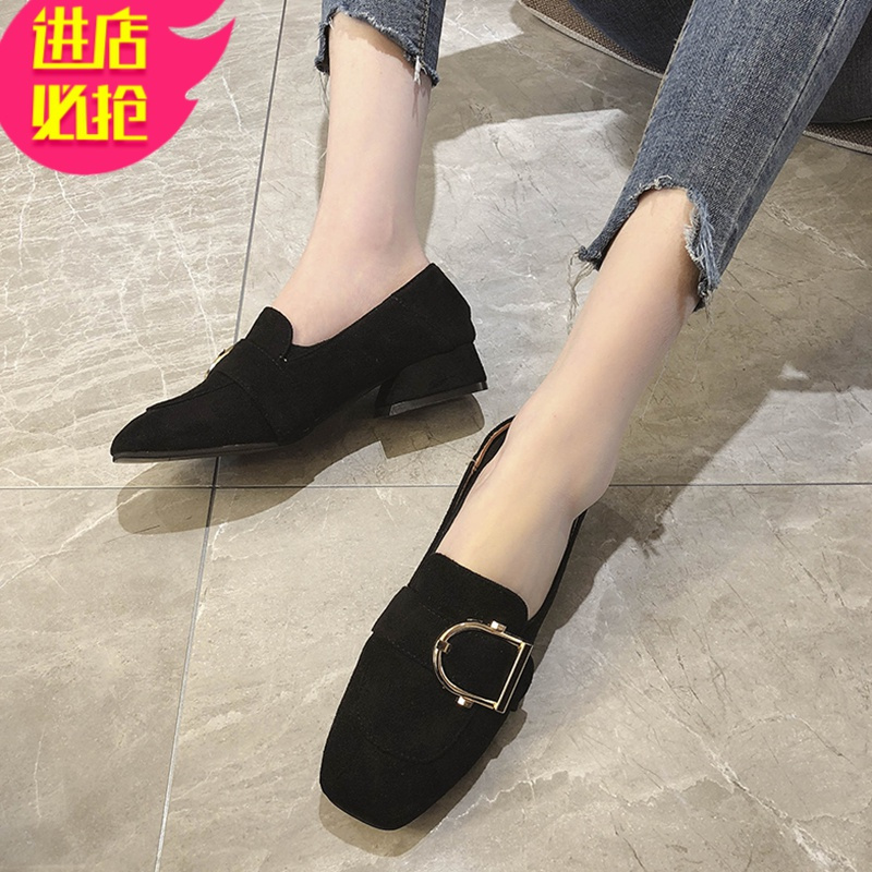 金三志豆豆鞋女2021春秋新款百搭粗跟方头一脚蹬单鞋黑色中跟小皮鞋英伦休闲鞋