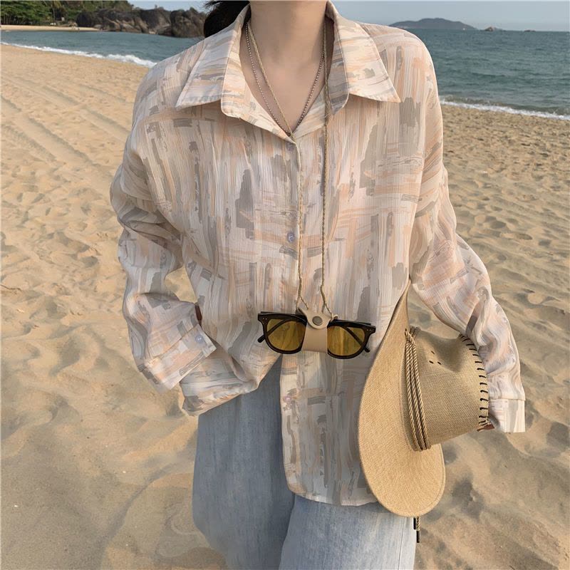 秋壳垂感衬衫女设计感小众2022夏季宽松长袖防晒衬衣雪纺碎花上衣图片