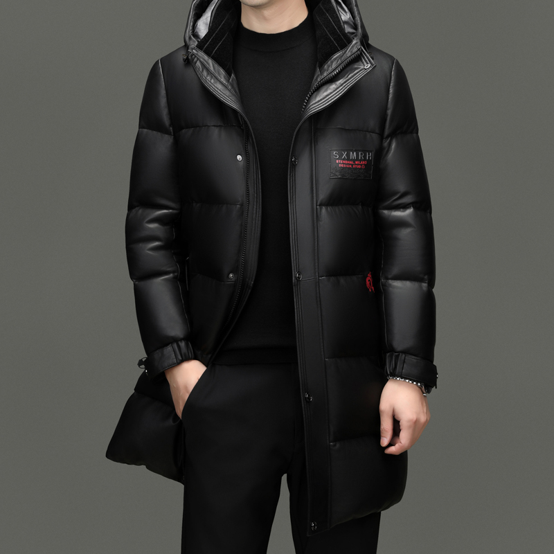 100头层真皮白鸭绒羽绒服皮夹克皮外套冬季加厚保暖中长款新款男装皮夹克海宁真皮绵羊皮高清大图