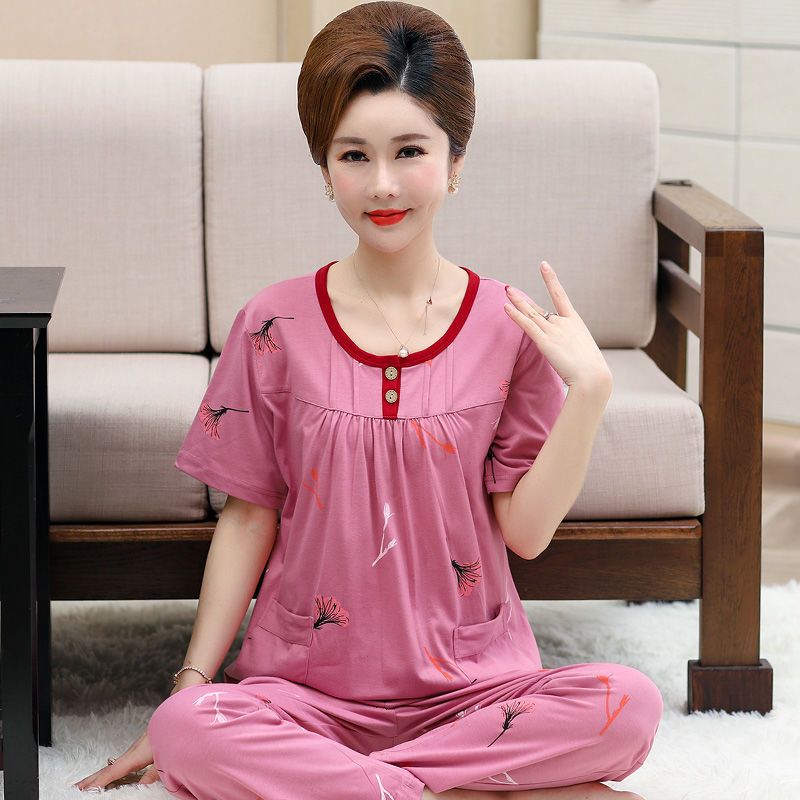 夏季中年妈妈棉质睡衣女短袖长裤大码薄款套装中老年人外穿家居服衫