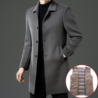 免费试穿男士羊绒大衣羽绒内胆可拆卸中老年羊毛呢子大毛领中长款外套针织上衣服加绒风衣中老年_99 170\88 翻领灰色双面呢+鹅绒内胆