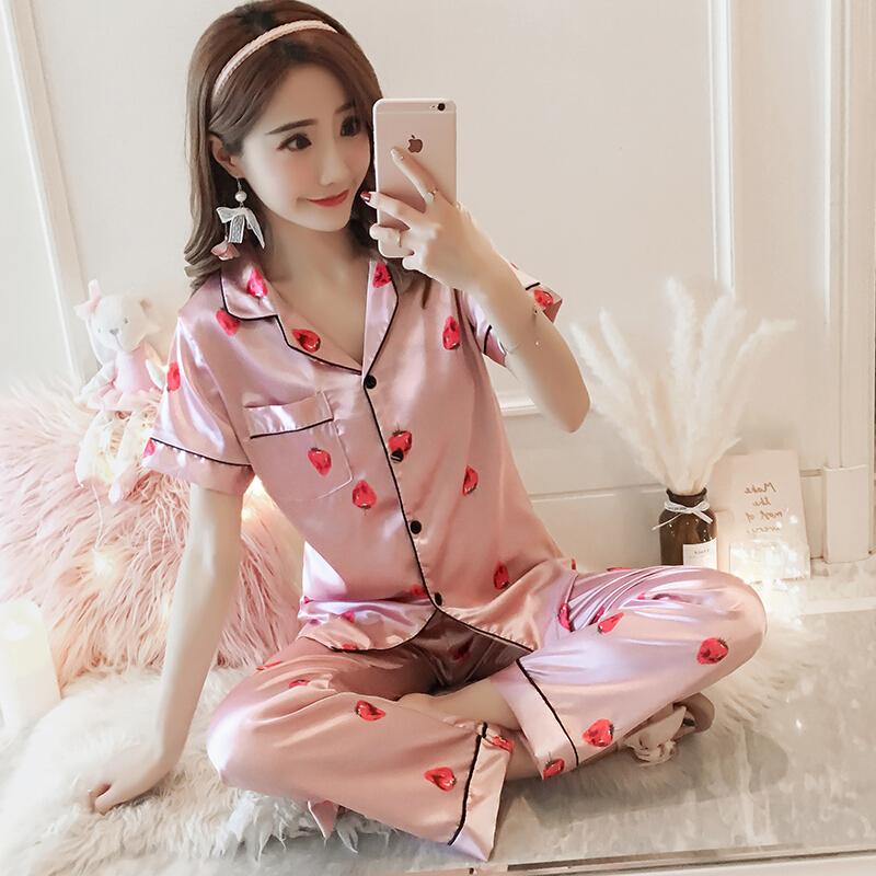 冰丝睡衣女夏秋短袖长裤清新丝绸胖mm加大码宽松仿家居服套装白兰花短袖长裤M[160高(80-100斤)]