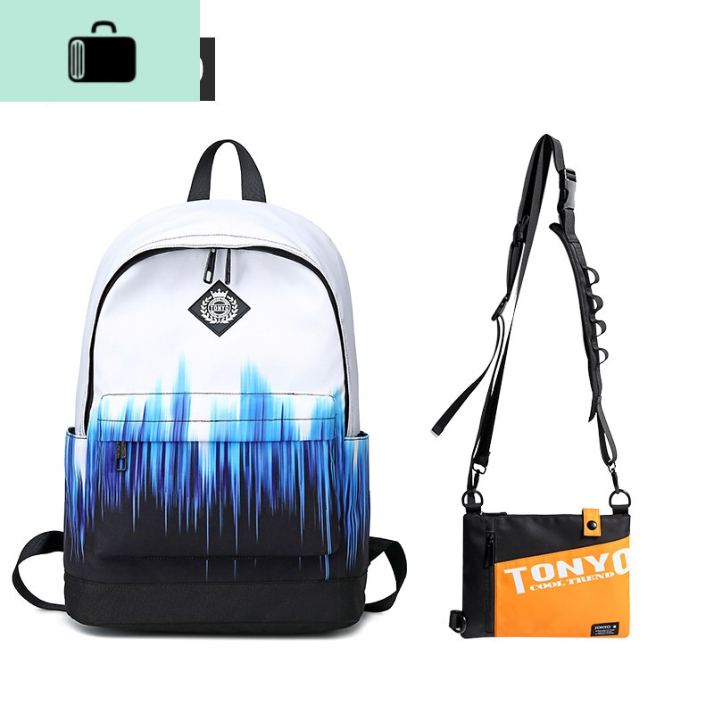 双肩包女韩版初高中学生书包时尚潮流2019新款ins风印花背包男NEWLAKE 黑白蓝标准号+活力橙