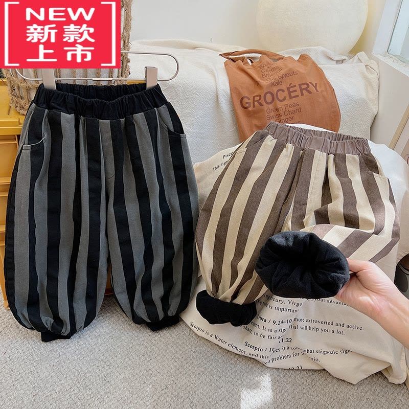 可莉允文艺范~韩版儿童双层加绒保暖灯笼裤冬装男童撞色竖条纹哈伦裤潮保暖裤图片