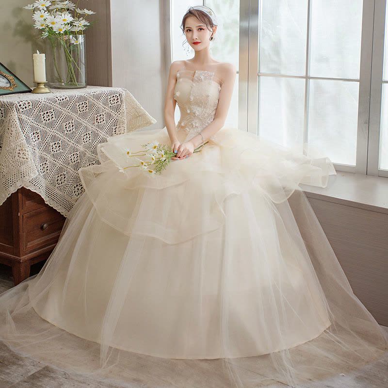 主婚纱2021新款成人礼网红新娘结婚齐地抹胸蓬蓬裙显瘦简约轻婚纱图片