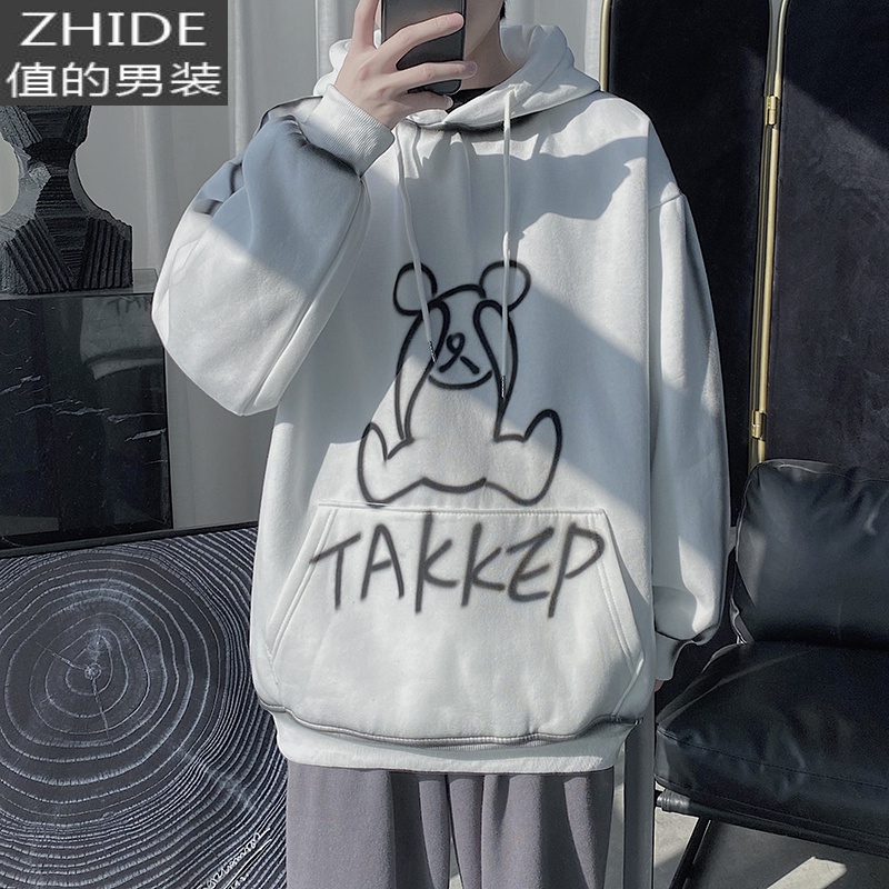 SUNTEK春季网红情侣装手绘涂鸦卡通小熊卫衣男潮牌带帽慵懒风宽松bf上衣卫衣