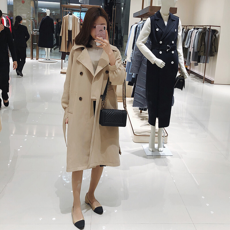 卡其色风衣女2018春装新款韩版小个子过膝大衣长款时尚宽松外套卡其色