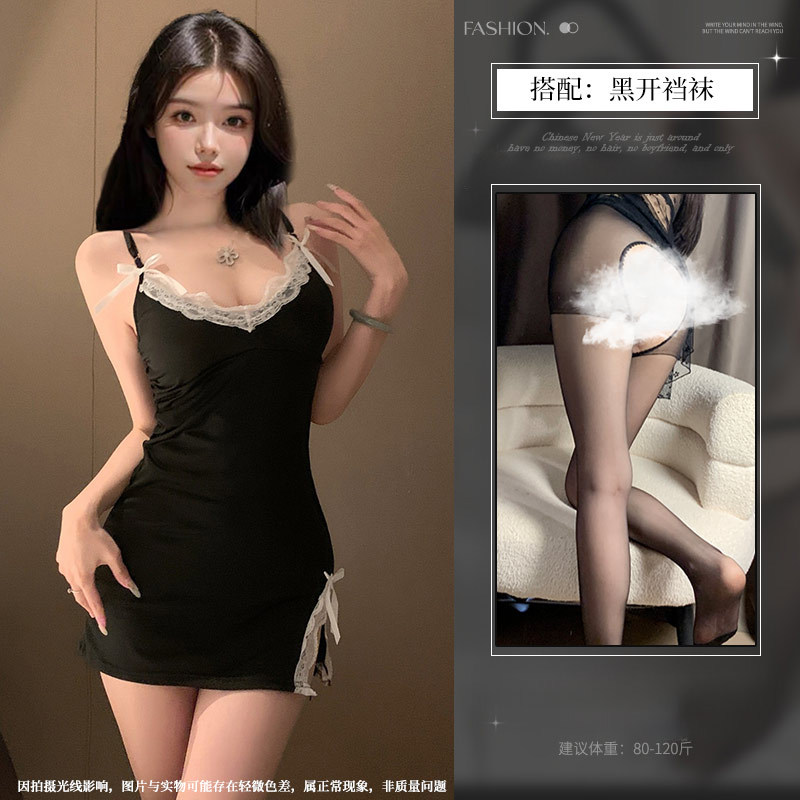 网红吊带睡衣女裙夏性感可爱修身纯欲风蕾丝可胸垫睡裙家居服1361 黑色【加胸垫】+黑开裆袜 M