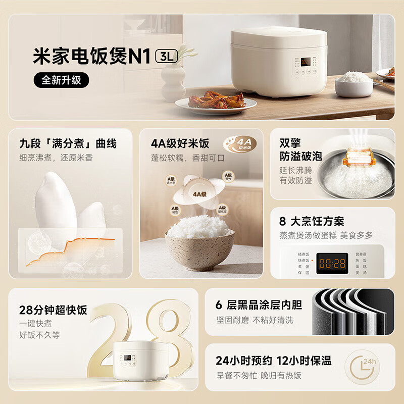 小米(MI)电饭煲N1 4L 米家智能多功能电饭锅 家用人3-8个人煮饭锅煮粥锅 智能预约 不粘锅内胆大容量烧饭