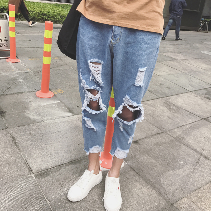 港风夏款新款破洞九分牛仔裤男士韩版宽松bf风显瘦小直脚乞丐裤潮