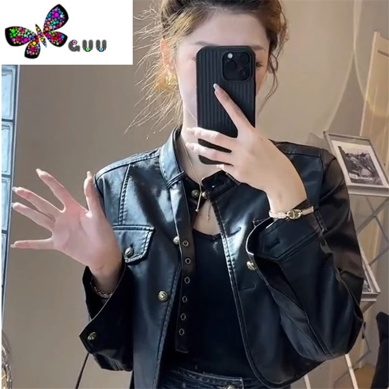 语娄美拉德复古咖色皮衣外套女小个子设计感短款pu皮机车夹克上衣