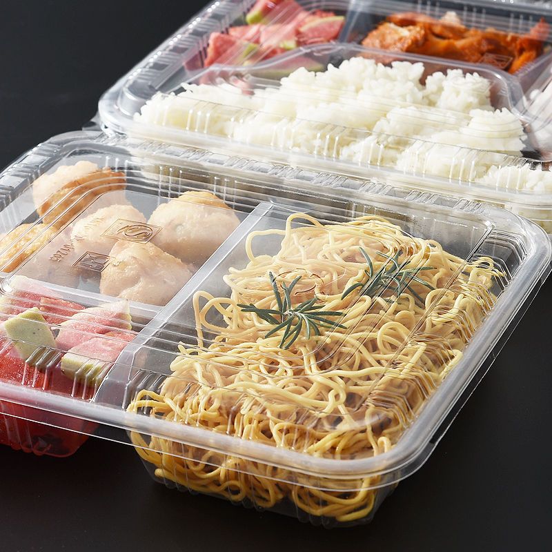 透明三格不带盖100只三格四格长方形餐盒一次性餐盒外卖打包盒透明