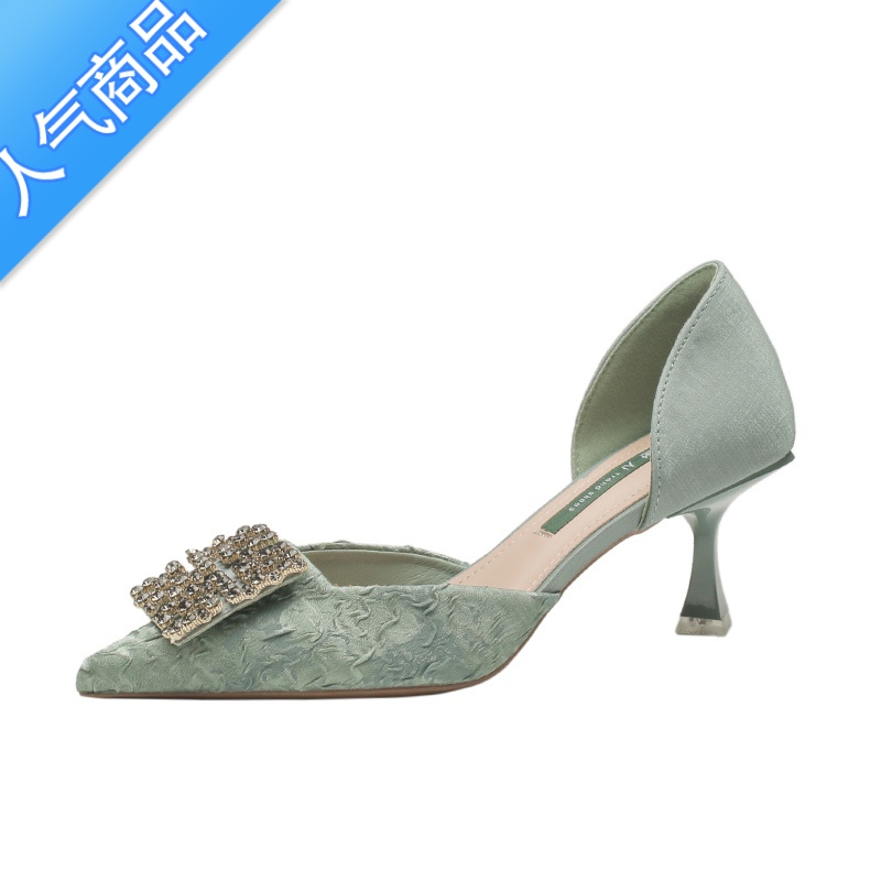 SUNTEK意美丝水钻小高跟鞋女夏2023新款尖头细跟单鞋绿色包头凉鞋配裙子高清大图