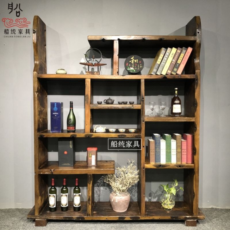 老船木博古架实木仿古中式置物架收纳架隔断古董架茶叶架花架 款式四_1-1.2米