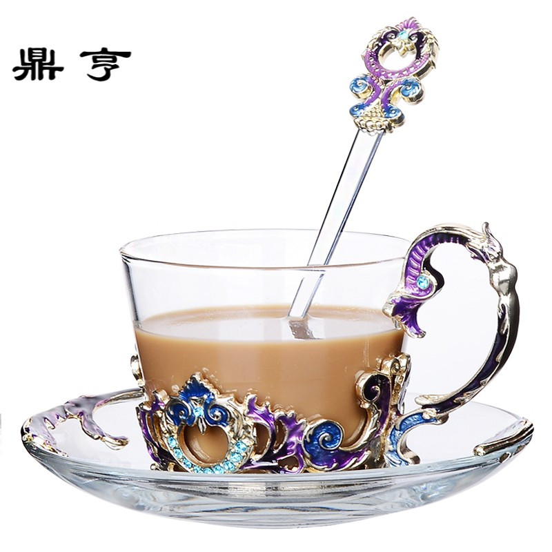 鼎亨珐琅彩咖啡杯欧式茶杯套装欧式创意杯子玻璃咖啡杯套装带碟带