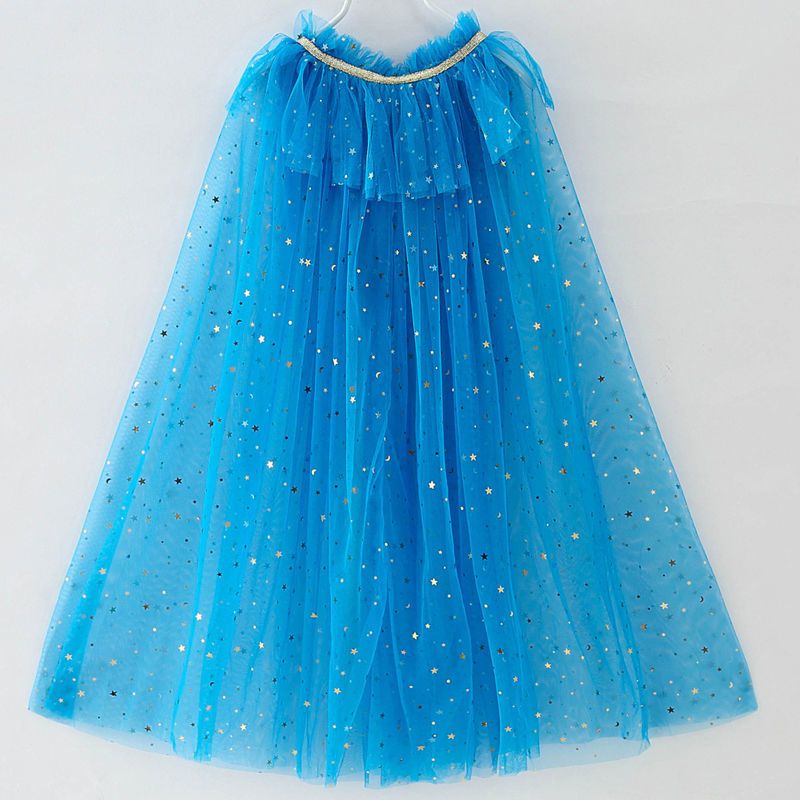 蓝色披纱s码长65厘米冰雪奇缘披纱艾莎亮片网纱斗篷系带披风女童表演