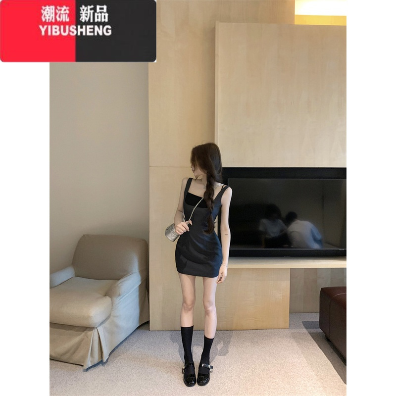 YIBUSHENG纯欲性感方领背心连衣裙女季修身无袖短裙灰色露背收腰包臀裙子