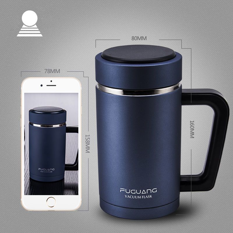 富光真空保温杯男士商务办公泡茶杯不锈钢带盖有手柄水杯子礼盒装墨蓝