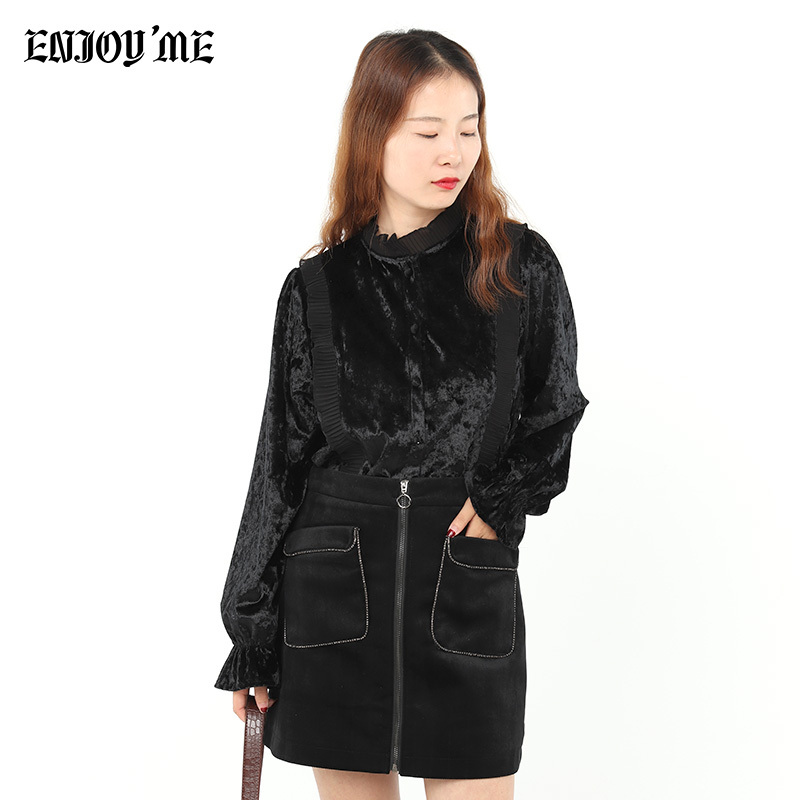 enjoyme女装2020春季新品浪漫小蕾丝木耳边丝绒衬衫上衣