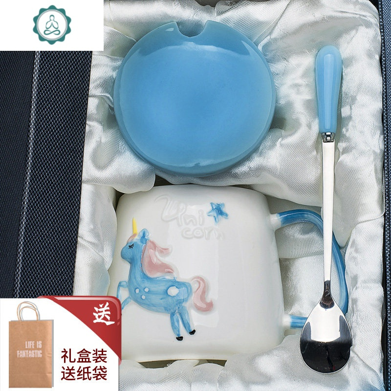 可爱陶瓷杯子少女创意马克杯带盖勺办公室家用牛奶早餐咖啡喝水杯 封后