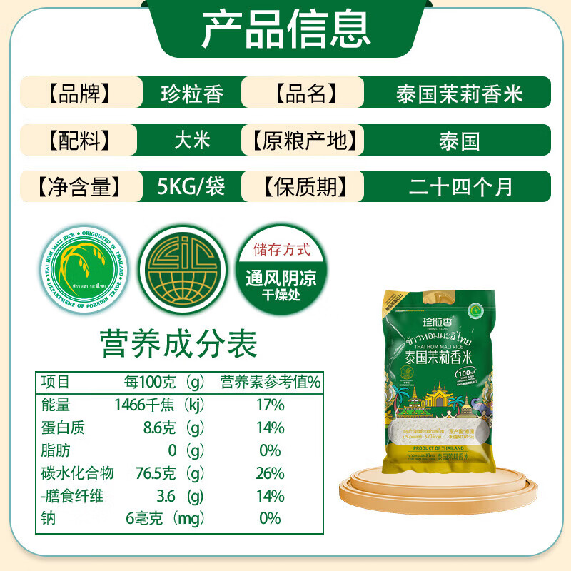 珍粒香泰国茉莉香米5kg[绿标款]高清大图