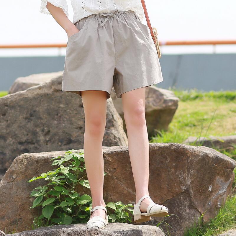 2018夏季复古棉麻休闲裤文艺宽松大码系带纯色阔腿短裤女