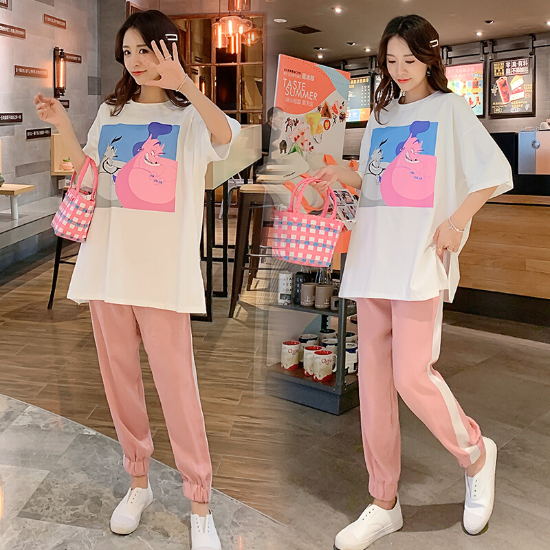 迪鲁奥(DILUAO)LYL 2021夏季新款孕妇套装夏季新款印花T恤+托腹裤孕妇两件套F437-30 上衣+裤子