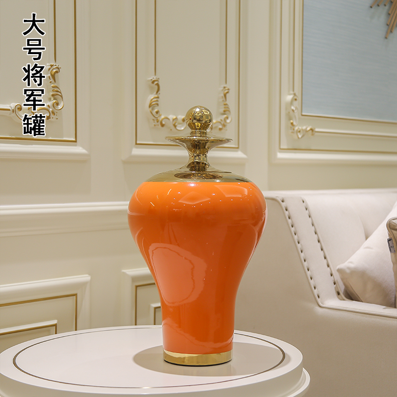 欧式轻奢金色花瓶摆件景德镇陶瓷现代时尚创意电视柜客厅摆件花插 三维工匠 橙红金顶花瓶-大高清大图