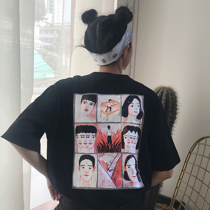 后背卡通头像短袖T恤女2018春夏新款韩版学生宽松打底衫上衣白色均码