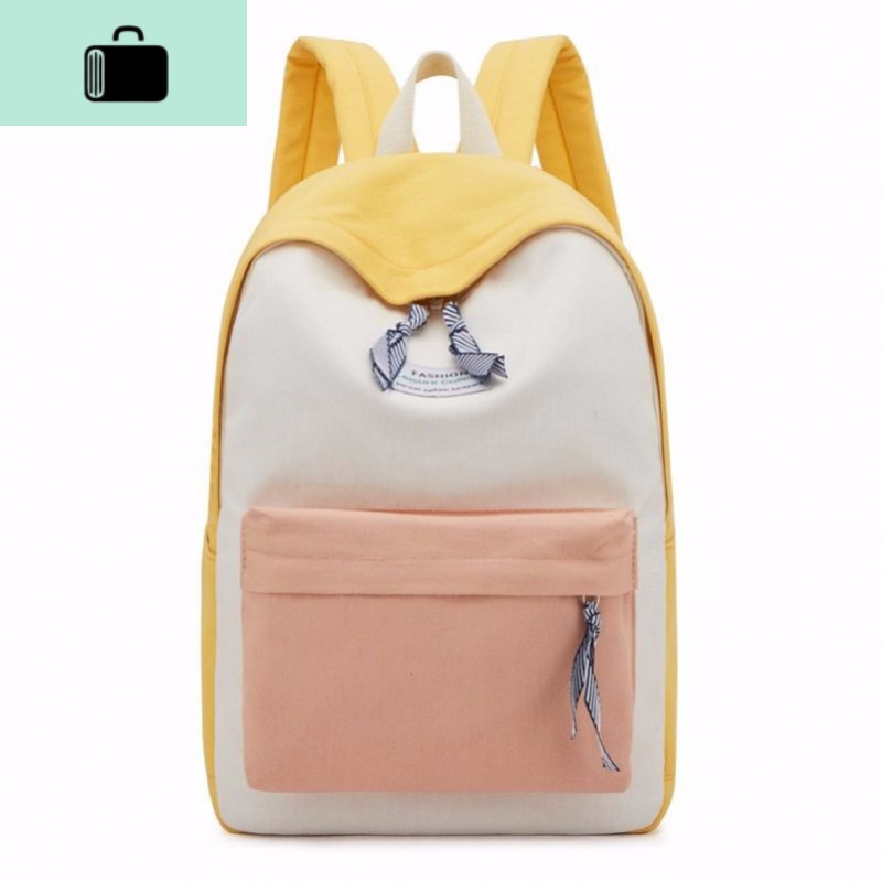 ins双肩包女书包学生韩版初中高中2019新款帆布校园原宿风大容量NEW LAKE 黄色粉色前口袋