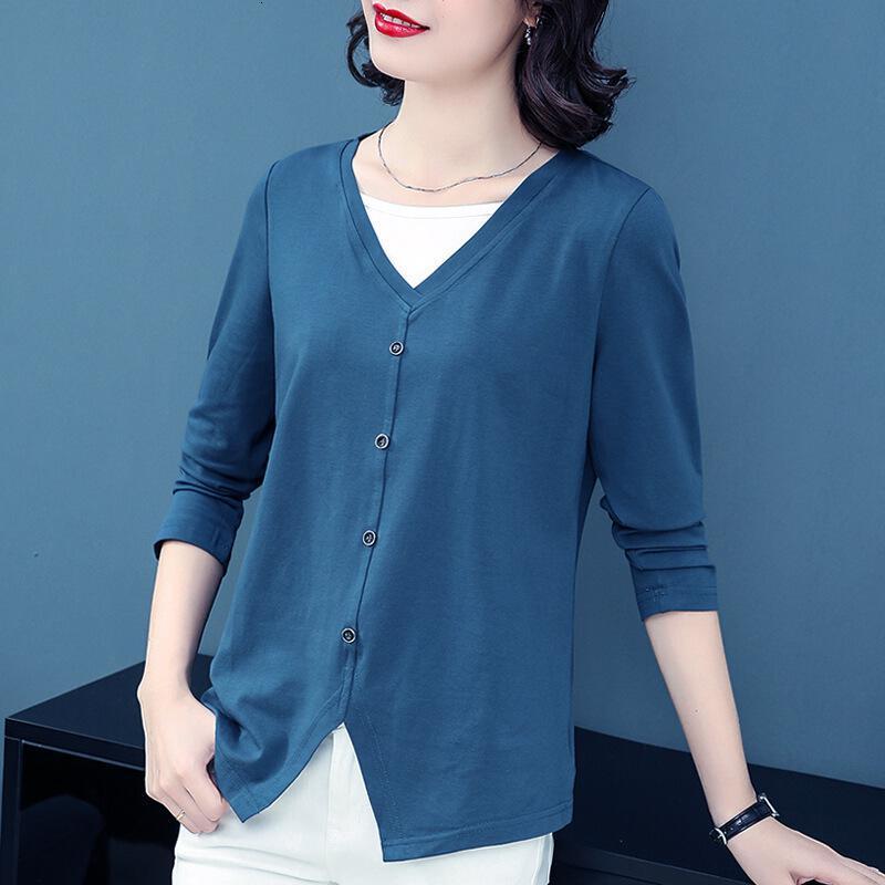 迪鲁奥（DILUAO)2019秋装新款宽松V领长袖T恤女大码女装40岁中年打底衫初秋上衣服 藏蓝色_104_144 默认颜色 2XL