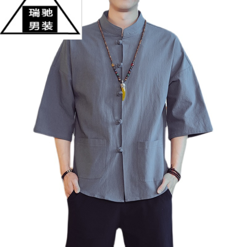 希杰狮王唐装男款短袖衬衫中国风男装棉麻衬衣夏季薄款中式盘扣亚麻