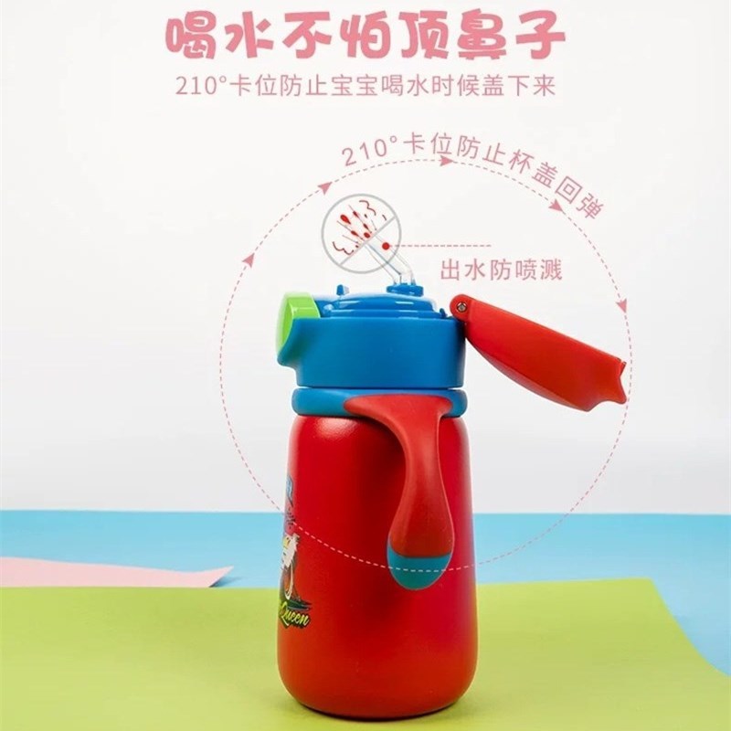 迪士尼可爱儿童保温杯316不锈钢婴儿带手柄保温奶瓶便携学生吸管水杯子-红色汽车火焰大按钮真空防喷学饮杯套装