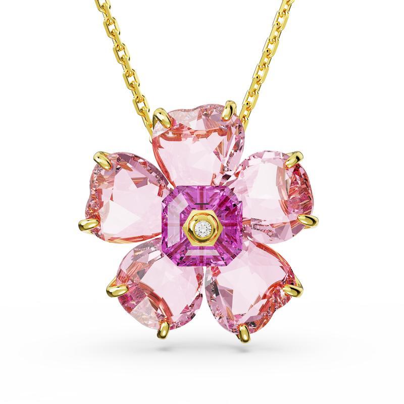 Swarovski女款时尚饰品 粉色水晶花朵项链 金色调滑动链坠