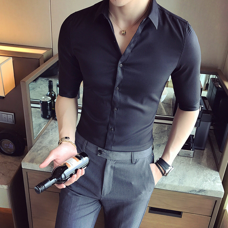 春装夏款2018年个性男士粉红色衬衫中袖粉色五分袖衬衣美店制服
