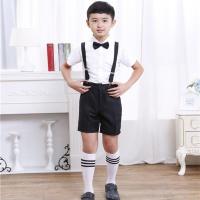 六一儿童礼服主持人小花童背带裤男童表演服钢琴大合唱朗诵演出服 白色+短裤+黑红两个领结+背带+袜子 100